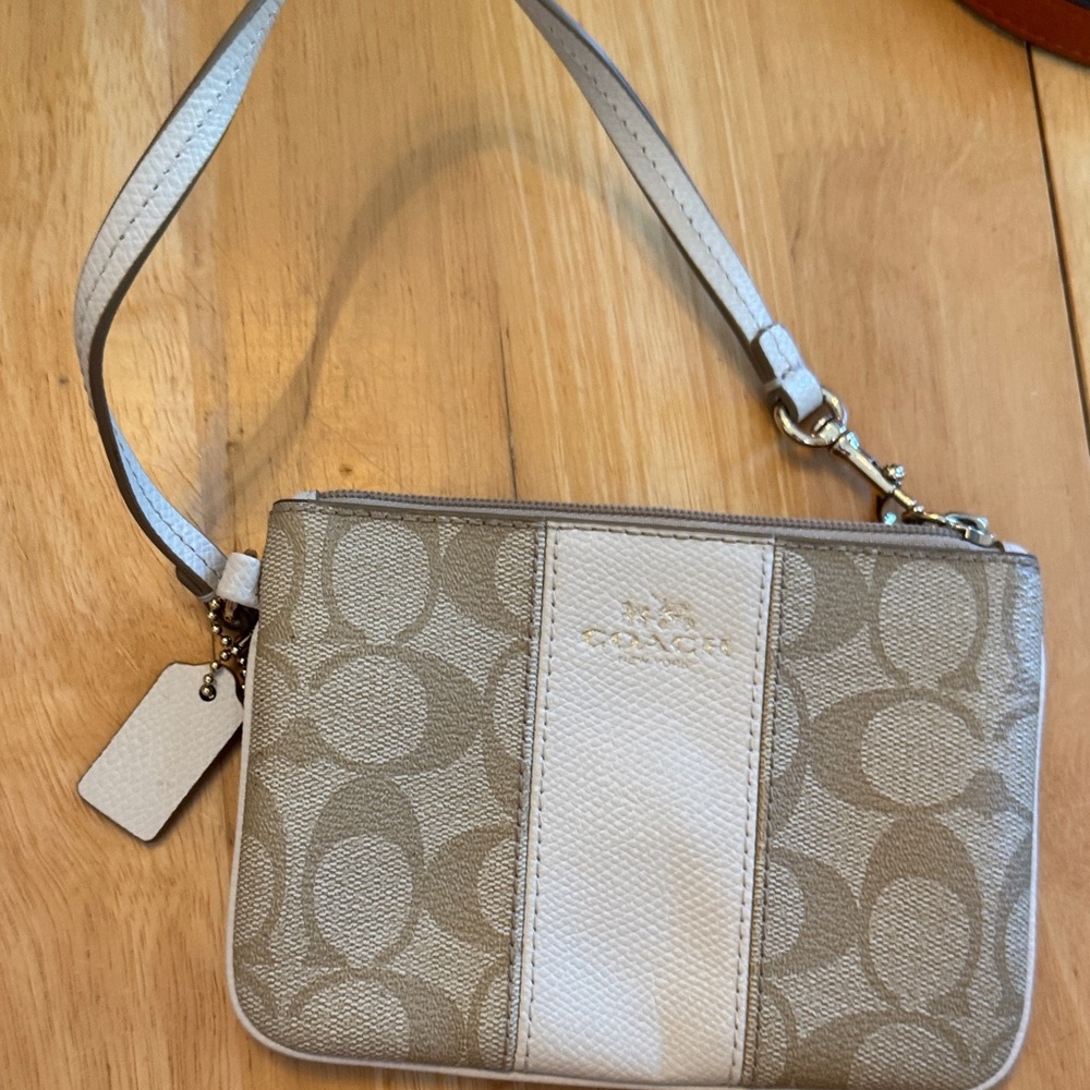Coach Khaki Signature Canvas Wristlet with Chalk Center Stripe